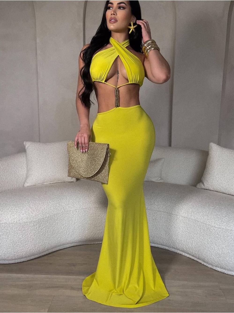 Yellow Criss-Cross Cutout Maxi Dress